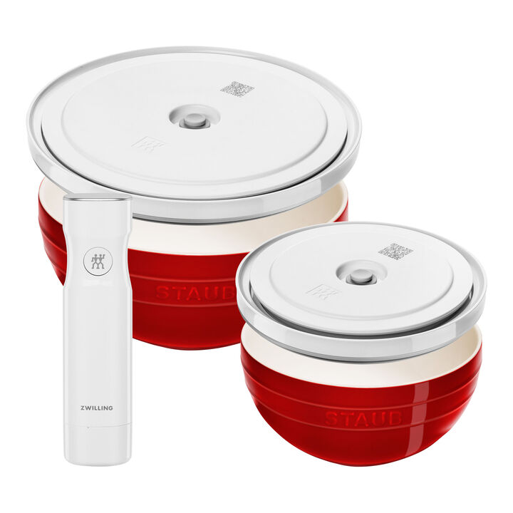 Fresh & Save BOWLS, Bowl Set with Vacuum Pump and Vacuum Lids, 18 cm/ 24 cm/  5-pcs., Cherry/ White, Ceramic, large 1
