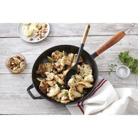 Frigideira com pega de madeira 28 cm, Ferro fundido, Preto