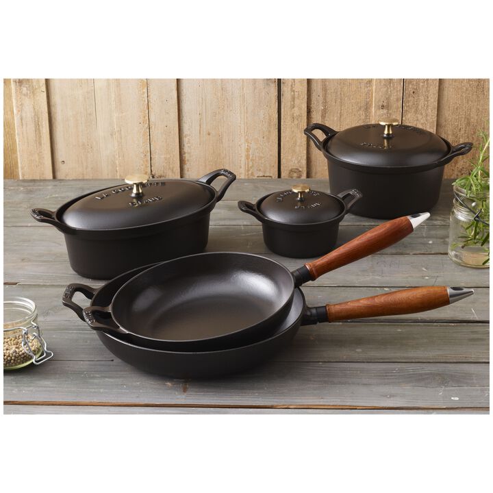 Pans, Poêle avec poignée en bois 28 cm, Fonte, Noir mat, large 4