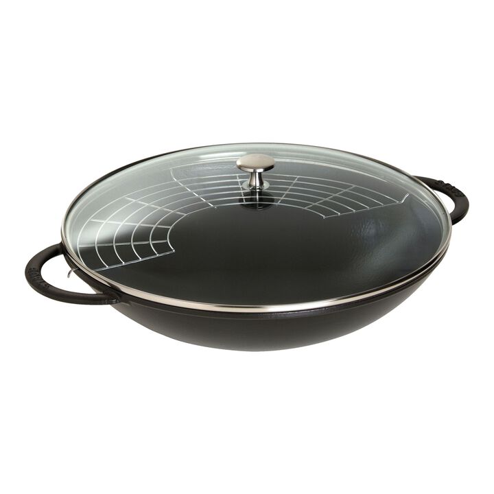Specialities, Wok mit Glasdeckel 37 cm, rund, Schwarz, Gusseisen, large 1
