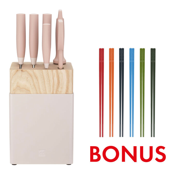 Now S, 7 Piece, Knife block set, with Bonus Chopstick Set, pink, large 1
