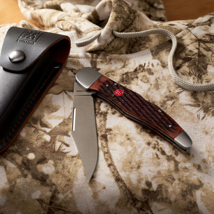 Outdoor, 4-inch, Folding Hunter Pocket Knife With Leather Sheath, Brown Jigged Bone, large 4