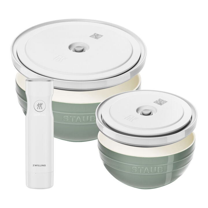 Fresh & Save Bowls, Set med skålar och vakuumpump samt vakuumlock, 5-st/ 18/ 24 cm, Eukalyptus/Vit, Keramik, large 1