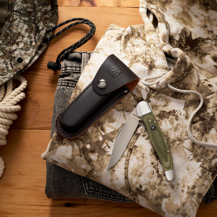 Outdoor, 4-inch, Folding Hunter Pocket Knife With Leather Sheath, Green Micarta, large 3