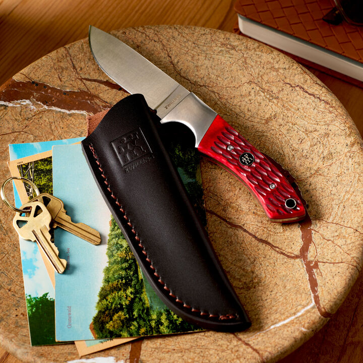 Outdoor, 3.5-inch, Hunting Knife With Leather Sheath, Red Jigged Bone, large 2