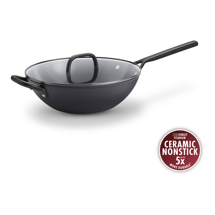 Milano, 12-inch, Wok With Glass Lid Ceramic Nonstick Titanium, Matte Black, large 1